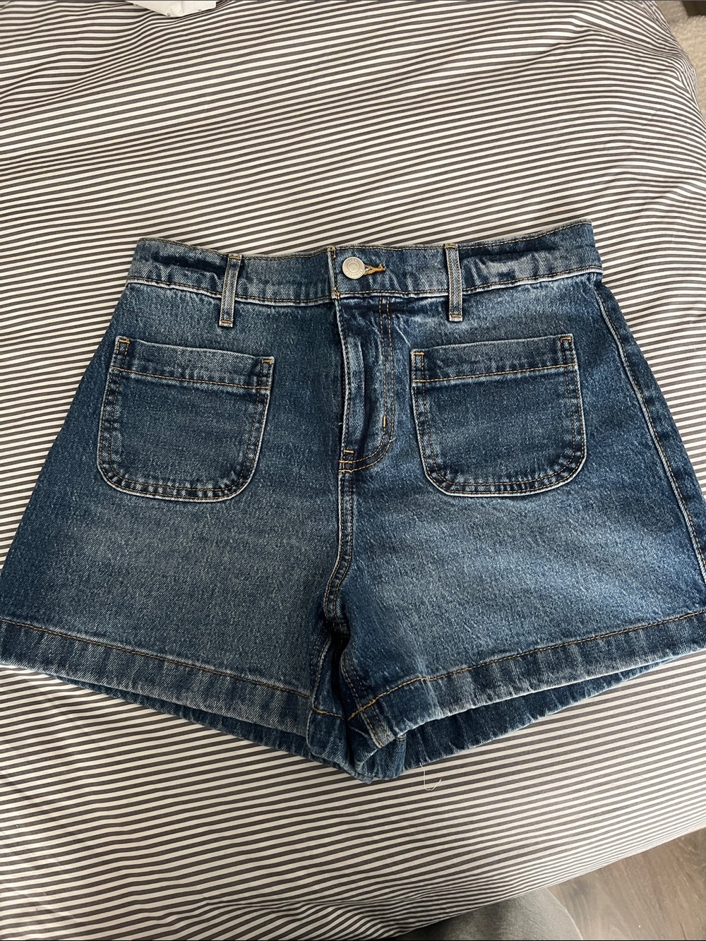 High-Rise Dark Blue Denim Patch-Pocket Shorts